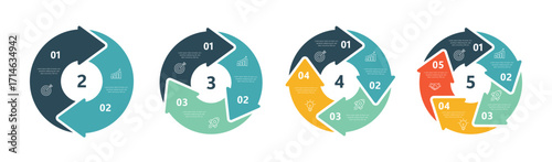 Circle arrows diagram infographic set. Circular arrows with 2-5 steps, options. Process chart, cycle diagram for business presentation, report, brochure.
