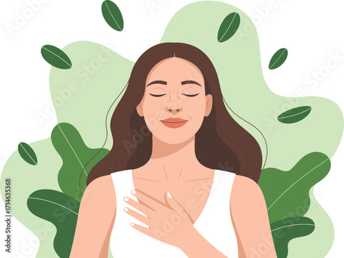 Woman serene peaceful embrace nature calm mindfulness surrounded by lush green leaves foliage vector