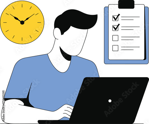 Man working on laptop with clock and checklist showing productivity and task management vector