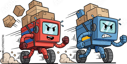 Two cartoon trucks carrying boxes in a race
