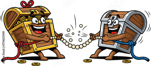 Two cartoon treasure chests playing tug of war with a chain