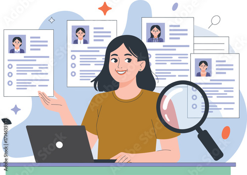 Woman reviewing resumes with magnifying glass and laptop for recruitment and hiring process vector illustration