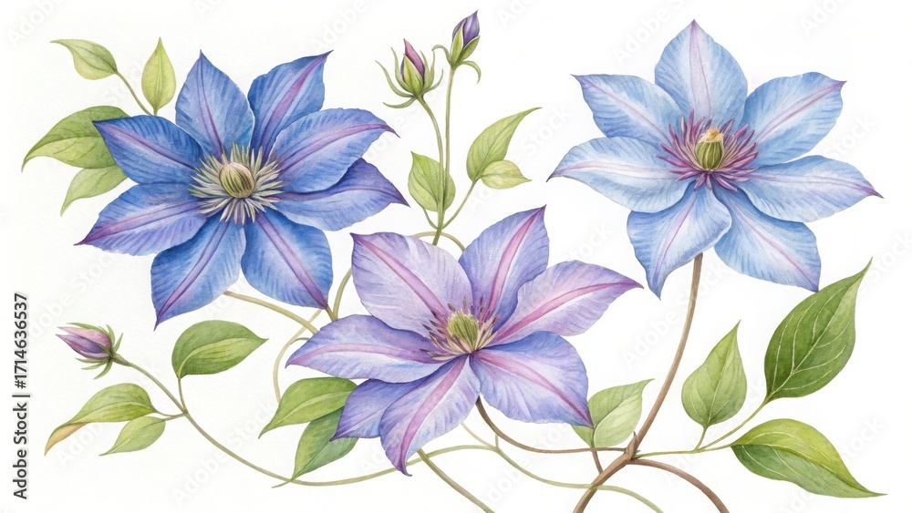 Obraz premium Watercolor painting of three blue clematis flowers isolated on white background