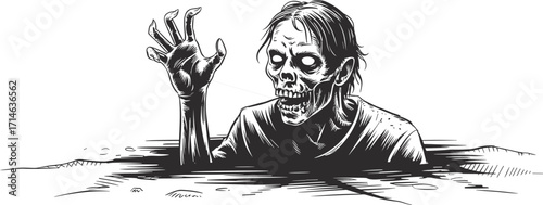 Zombie rising from grave, horror illustration, undead creature, scary skeleton art, Halloween drawing, creepy monster, black and white sketch, eerie scene