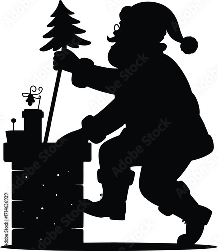 Santa climbing chimney with tree claus christmas