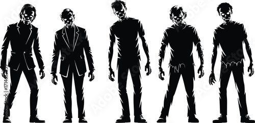 Zombie silhouette illustration, horror undead characters, creepy walking figures, black and white eerie scene, Halloween theme, spooky dramatic artwork, scary posture
