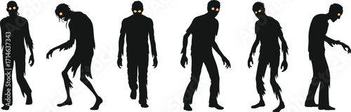 Zombie silhouettes, horror illustration, undead figures, glowing eyes, Halloween theme, creepy poses, dark shadows, scary monsters, eerie design, vector art