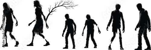 Zombie silhouettes, horror undead characters, creepy walking figures, ragged clothing, surreal tree branch, eerie posture, Halloween theme, spooky illustration, dark art