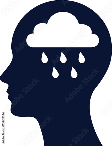 Human head silhouette with rain cloud symbolizing depression, sadness, mental health problems and stress. Mental health depression silhouette with rain cloud