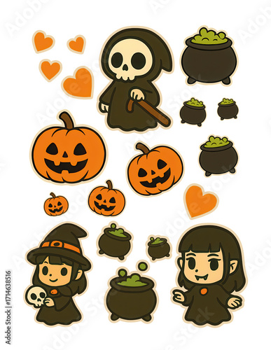 Vintage Halloween Clipart Bundle. Cute Chibi Halloween Stickers.