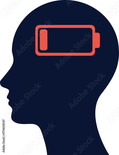 Mental burnout low battery head silhouette. Low battery symbol representing burnout, exhaustion, stress, fatigue and low energy
