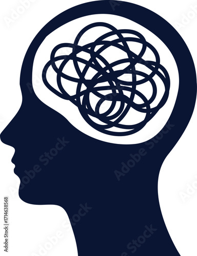 Anxiety confusion mind silhouette illustration. Human head silhouette with tangled line symbolizing anxiety, confusion, stress, depression and mental disorder