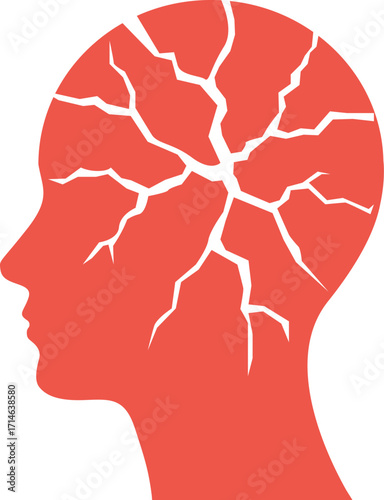 Mental breakdown red head silhouette illustration. Red human head silhouette with crack symbolizing stress, trauma, depression, mental health problems and emotional breakdown