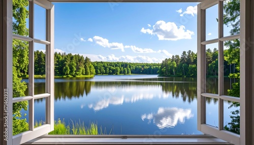 An open window frames a picturesque view of a serene lake, reflecting the sky and surrounding lush forest under a bright blue, cloudy sky