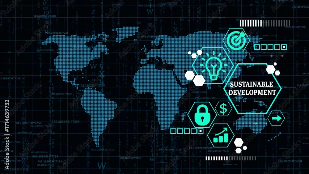 Fototapeta premium Digital World Map with Sustainable Development Icons and Data Streams global technology