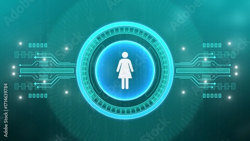 Futuristic Neon Female Icon with Digital Circuitry and Glowing Data Streams woman symbol gender