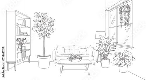 Minimal line art sketch of modern living room interior with sofa, coffee table, large windows, and indoor plants showing contemporary residential style.