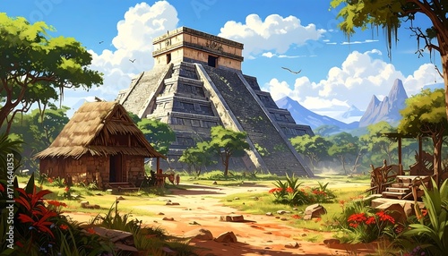 Ancient Mayan Village Scene With Majestic Pyramid