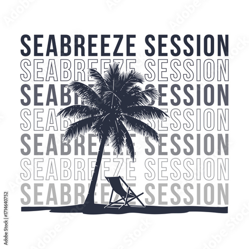 Stylish beach scene featuring a palm tree and deck chair with Seabreeze Session text overlay perfect
