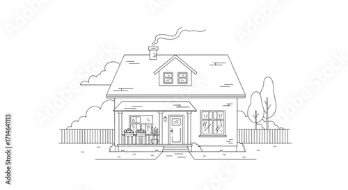 Architectural sketch of suburban family house with pitched roof, chimney, porch, and fenced yard representing classic residential neighborhood design.