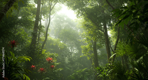 Sunlight filters through a lush, misty tropical jungle canopy, illuminating vibrant red flowers.