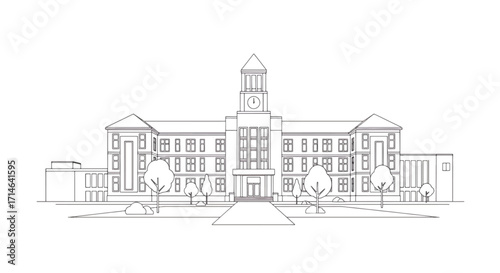Outline architectural sketch of large institutional building with clock tower and symmetrical facade representing historic academic architecture.