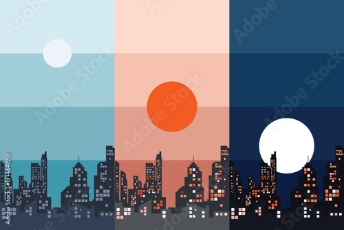 City skyline showing the daily color cycle from day to night vector illustration