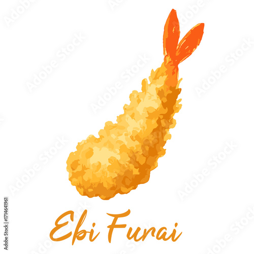 ebi furai fried shrimp prawn in watercolor illustration style, isolated vector on white background