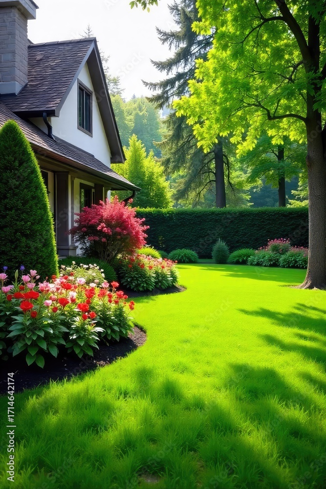 Obraz premium A lush green lawn, vibrant flowerbeds, and mature trees create a tranquil and inviting backyard landscape Perfect for home improvement, real estate, and gardening websites , sunlight, flowers