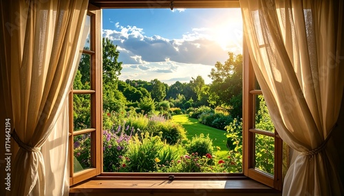 An open window frames a sunlit, flourishing garden scene. Soft curtains drape around the wooden frame, revealing a vibrant landscape of trees, flowers, and a bright sky with fluffy clouds