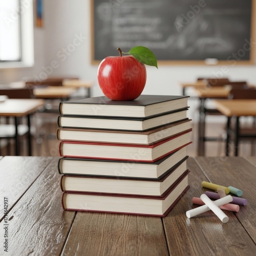 Back to school vibes with vibrant apple atop stack of books in classroom setting, ready for education