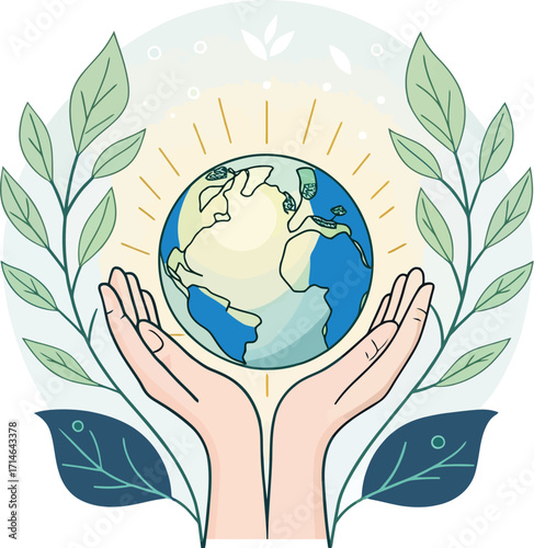 Protecting Our Planet Hands Holding Earth with Leafy Branches