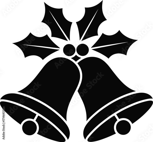 Black silhouette of festive bells and holly christmas