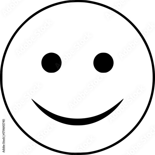 a black and white drawing of a smiling face, consisting of a circle, two solid black dots for eyes, and a curved line for the mouth, simple and clean lines