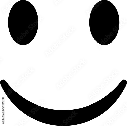 a black and white drawing of a smiling face, consisting of a circle, two solid black dots for eyes, and a curved line for the mouth, simple and clean lines