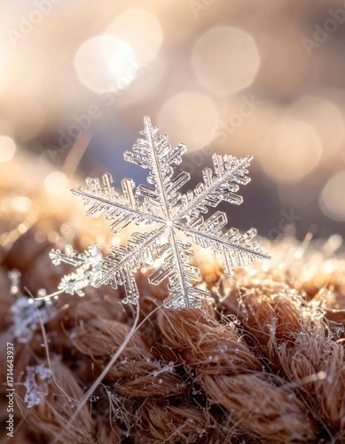 Intricate Ice Crystal: A Macro Photograph of a Snowflake on Rustic Rope, Backlit with Warm Bokeh