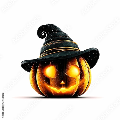 A glowing carved pumpkin wearing a black hat, isolated on a white background