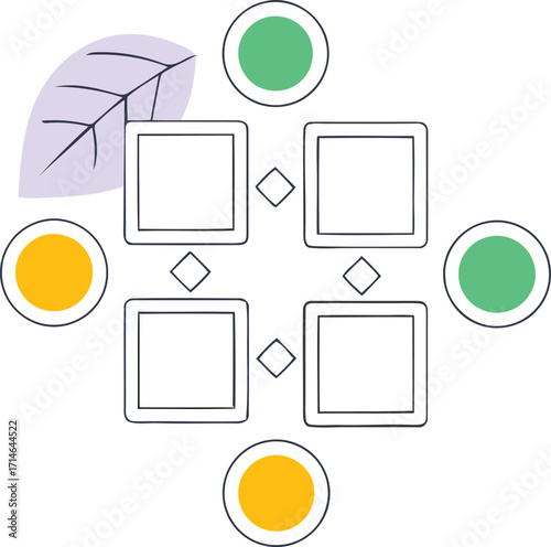 Abstract conceptual diagram showcasing a four-step interconnected process with various elements, accented by a subtle leaf, symbolizing growth, development, and system integration