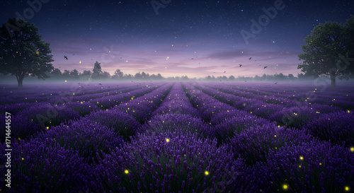 An enchanting lavender field glows with fireflies under a starry night sky.