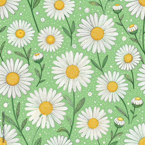 Seamless daisy and chamomile floral pattern with a vibrant summer meadow background.