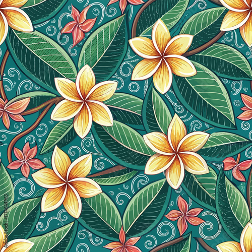 Tropical seamless pattern of yellow plumeria flowers and green leaves.