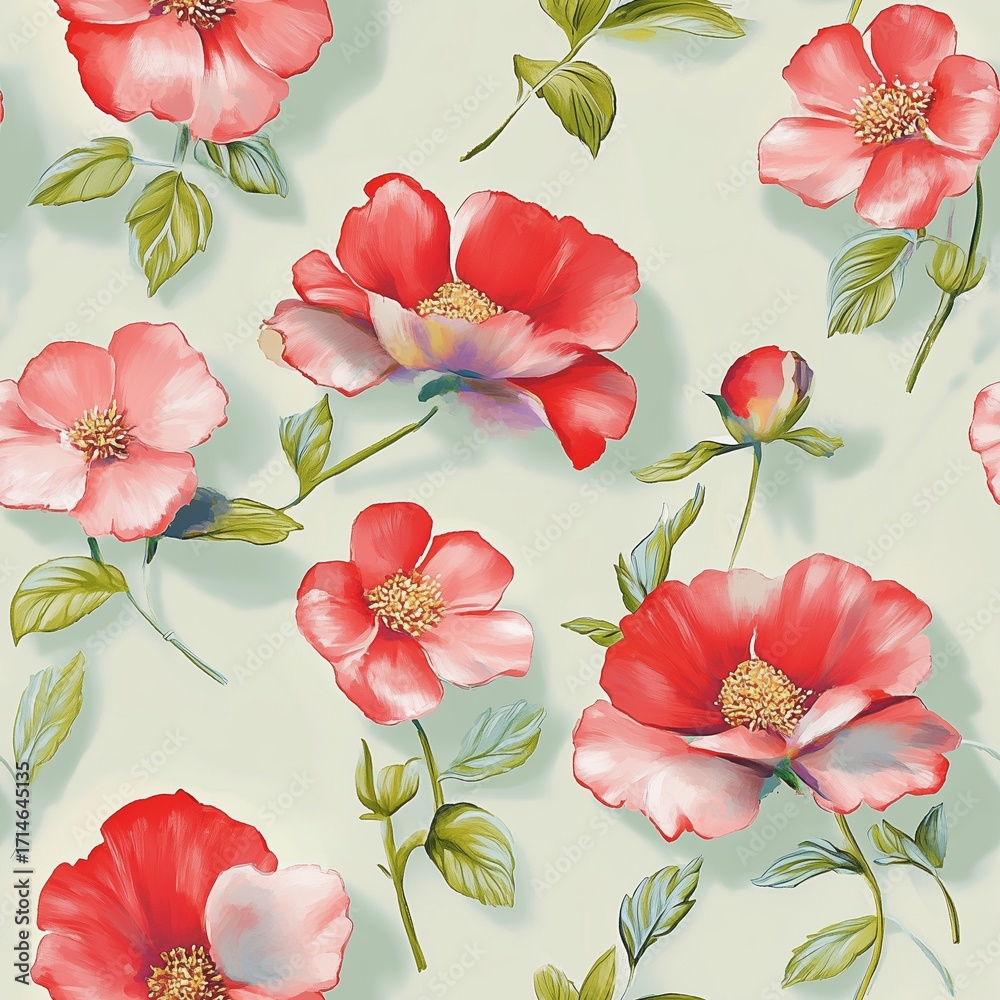 Fototapeta premium Seamless botanical pattern with vibrant red and pink flowers and green leaves on a light background