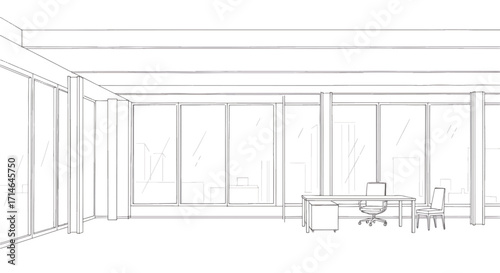 Minimalist line drawing of modern office with panoramic windows, large open space, and simple furniture layout representing contemporary workplace design.