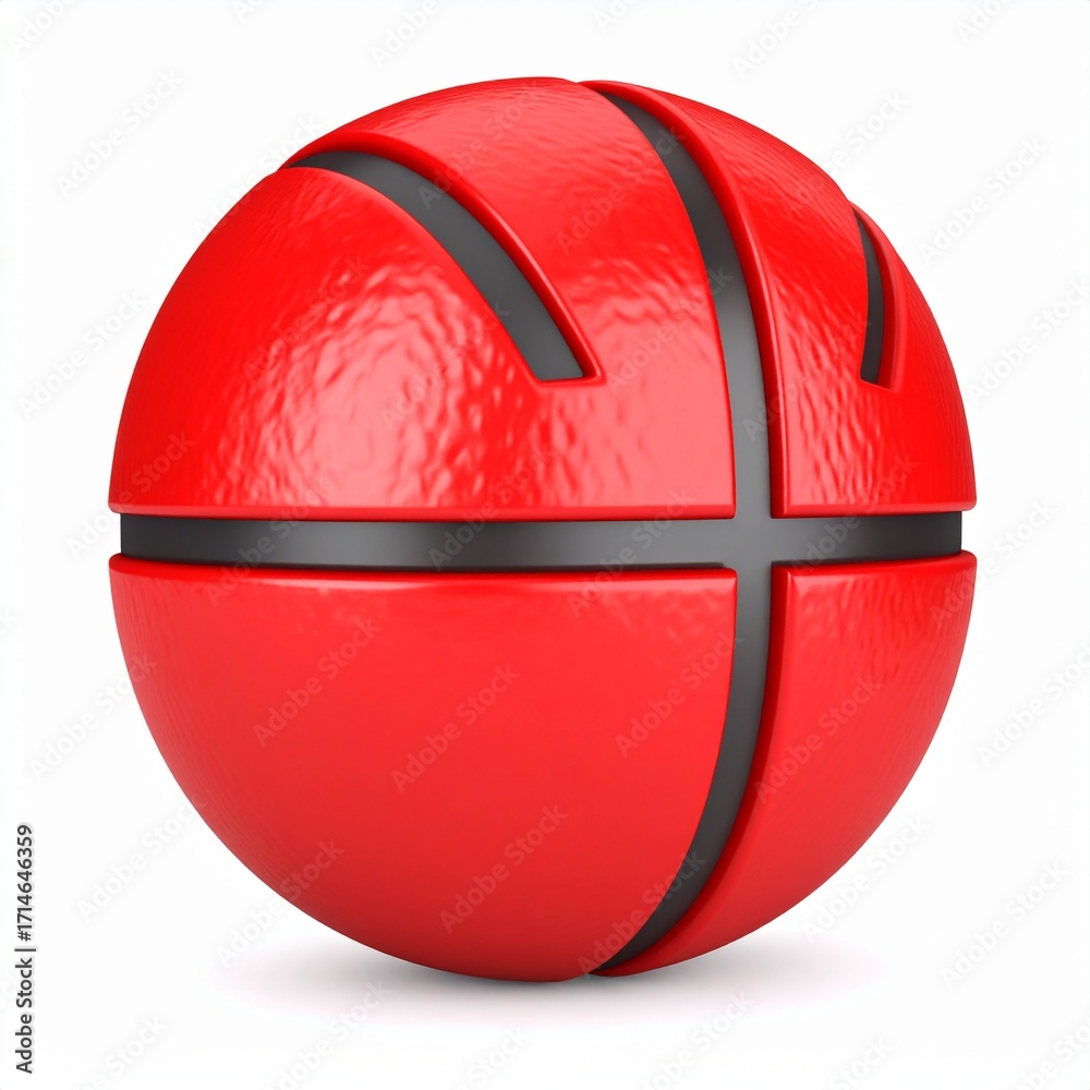 Fototapeta premium A bold, geometric red sphere intersected with dark gray bands against a stark white background.