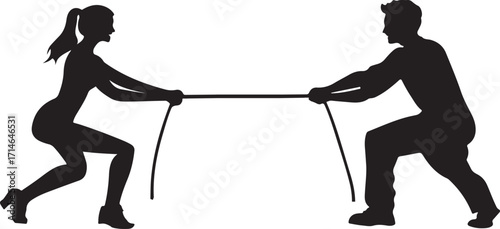 man and woman playing tug of war pulling rope silhouette