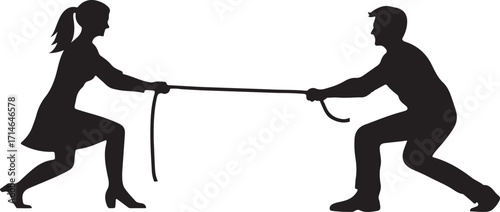 man and woman playing tug of war pulling rope silhouette