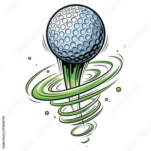 Vector Illustration of Golf Ball with Dynamic Swirl Effect in Modern Style with Green and Blue Colors