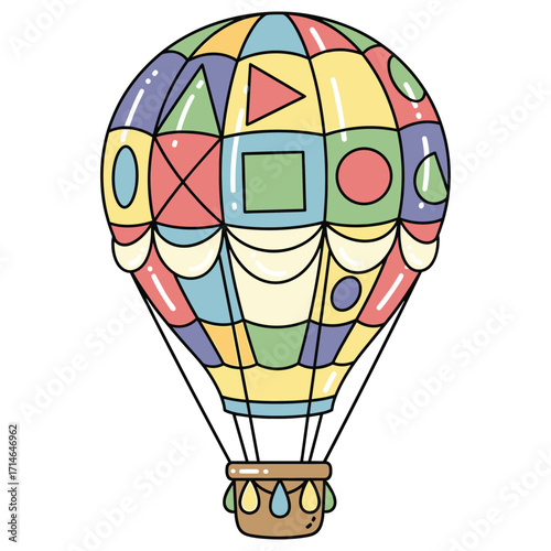 Vector Illustration of Hot Air Balloon with Geometric Pattern in Bright Colors Modern Style for Children and Playful Designs