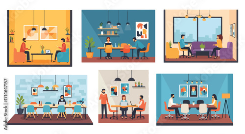 Colorful flat illustration of modern office workspace with multiple layouts, desks, chairs, and employees working in collaborative environments.