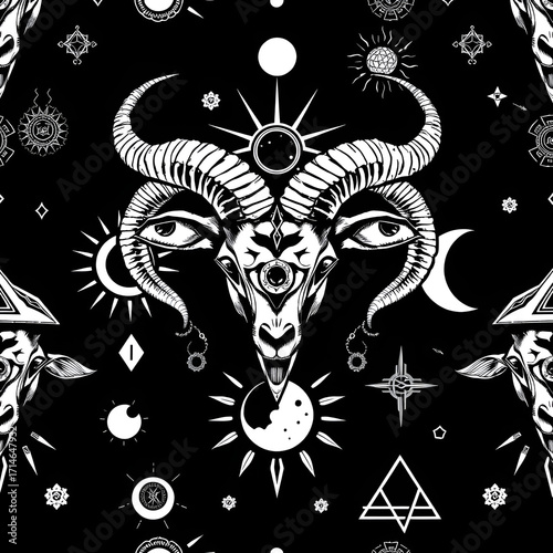 Abstract seamless pattern with hand-drawn goat head, all-seeing eye, sun, moon, vitruvian man, occult and esoteric symbols on a black backdrop. Monochrome vector background in gothic style
